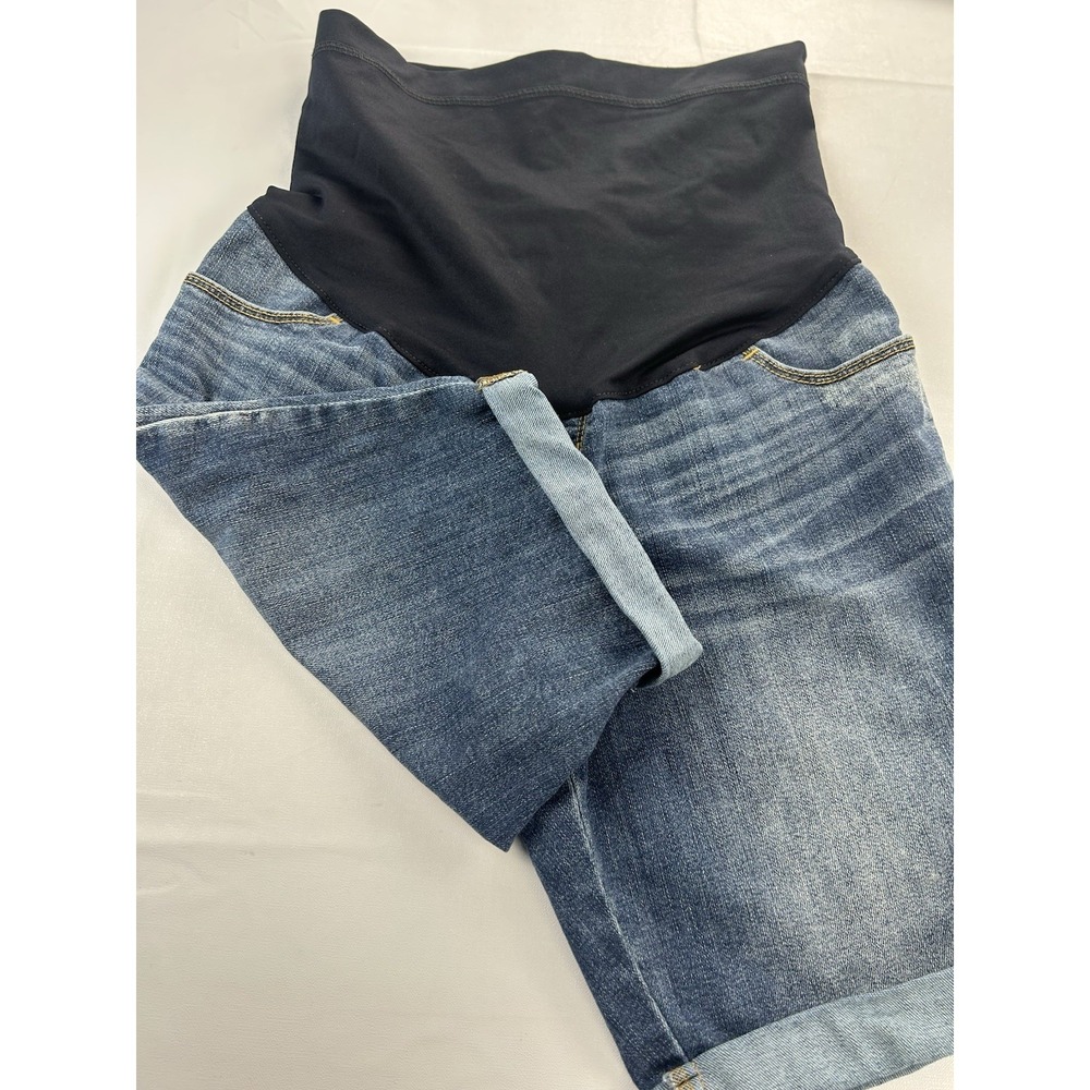 Liz Lange Maternity Bermuda Jean Shorts XS Denim Stretch Over Belly Band Blue